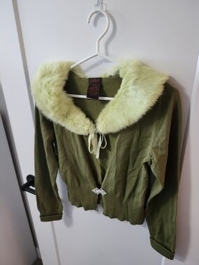 Forest Green Cardigan With Real Fur Collar And Brooch Clasp